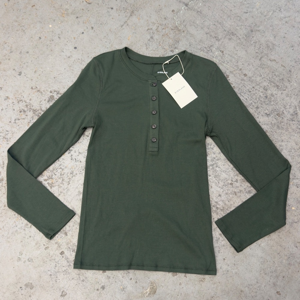 Everlane Supima Cotton Ribbed Henley Long Sleeve Top Duffel Green Large NEW